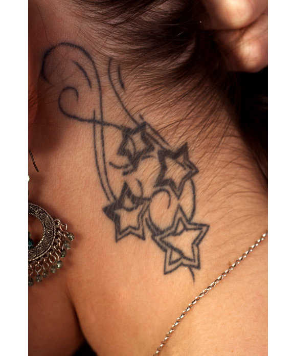 Attractive Black Outline Stars Tattoo On Girl Left Behind The Ear