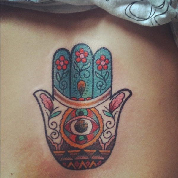 Attractive Colorful Hamsa Tattoo Design By Dave Hood