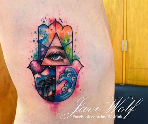 Attractive Watercolor Hamsa Tattoo Design By Javi Wolf
