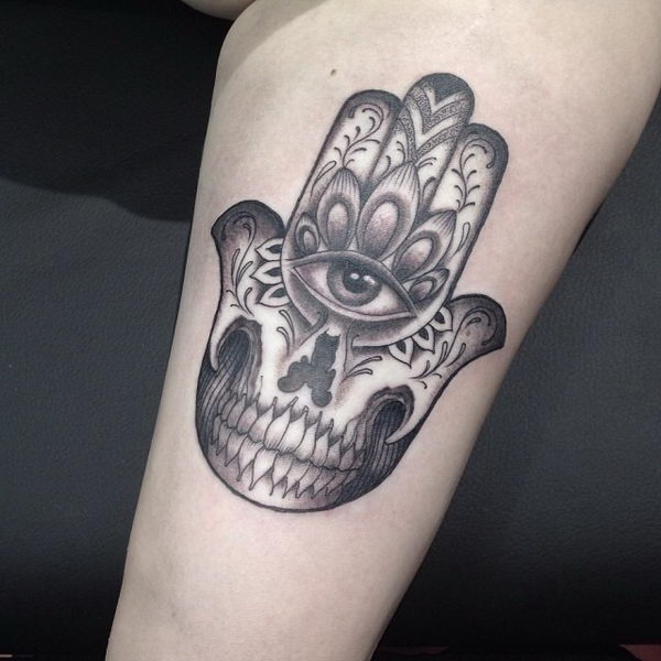 Awesome Black Ink Skull Hamsa Tattoo Design For Half Sleeve By Natefierro