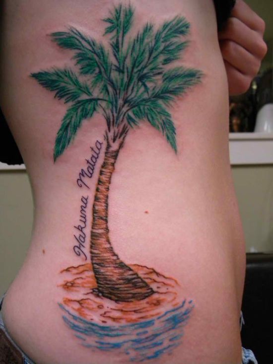 Awesome Color Ink Palm Tree Tattoo On Rib Side