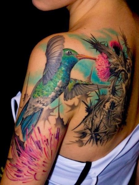 Awesome Colorful Colibri Tattoo On Left Shoulder