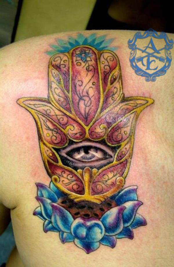 Awesome Colorful Hamsa With Lotus Flower Tattoo On Left Back Shoulder By Sean Ambrose