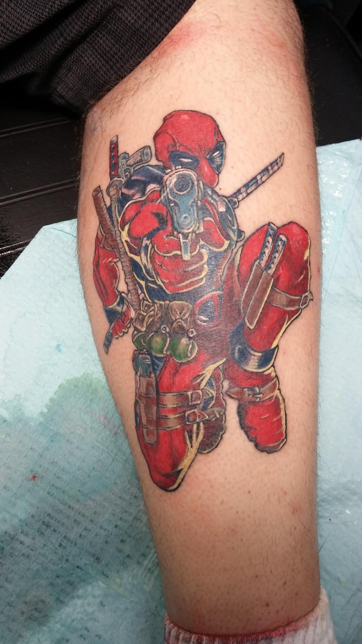 Awesome Deadpool Tattoo Design For Leg Calf