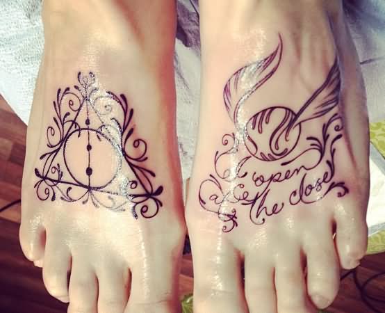 Awesome Deathly Hallow Symbol And Snitch Tattoo On Feet