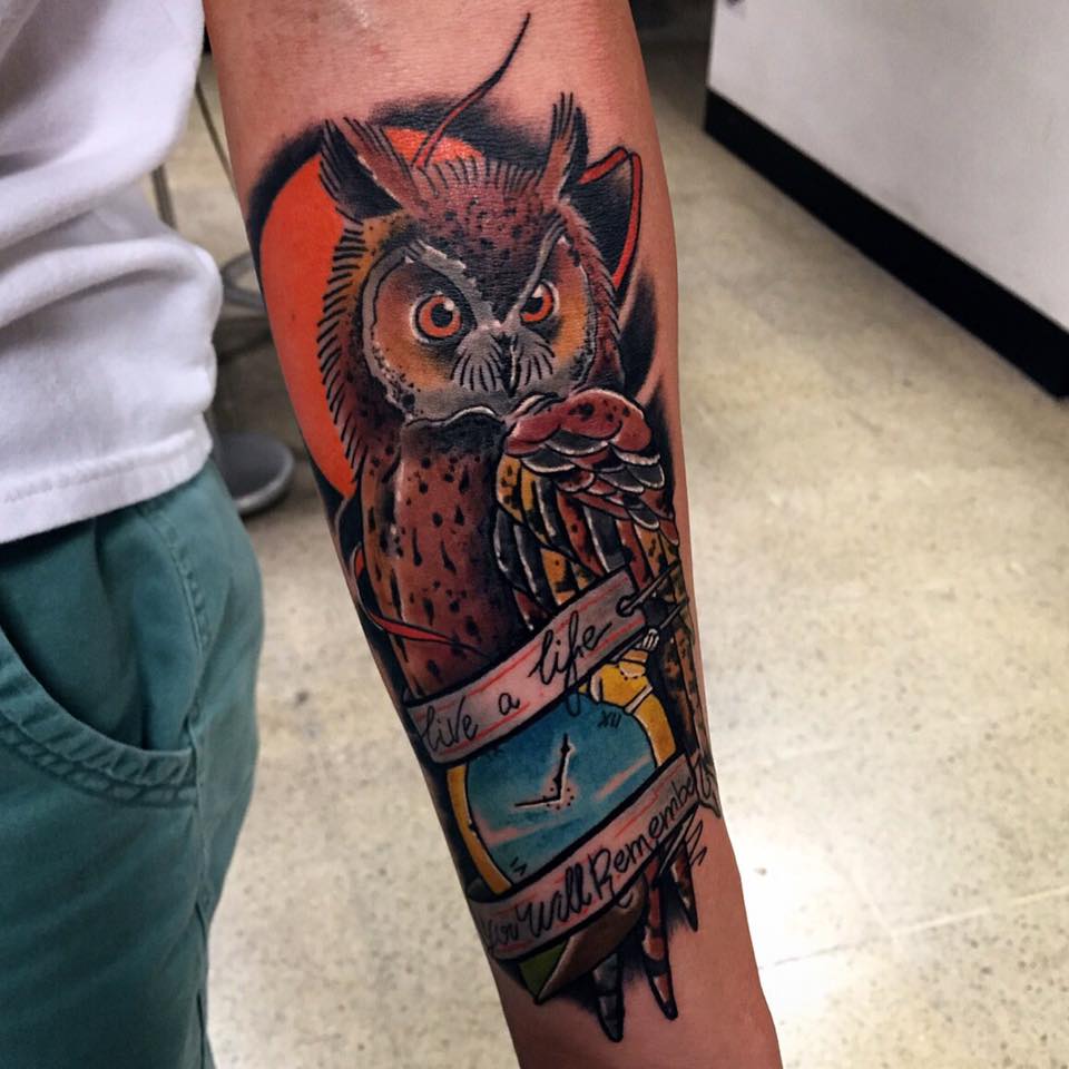 Awesome Owl Tattoo With Pocket Watch On Left Forearm