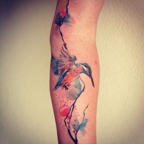 Awesome Watercolor Colibri Tattoo On Sleeve