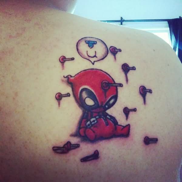 Baby Deadpool Tattoo On Right Back Shoulder