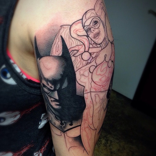 Batman And Outline Harley Quinn Tattoo On Left Sleeve