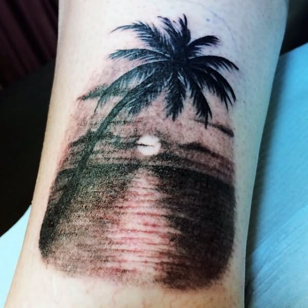 Beach Palm Tree Tattoo On Leg