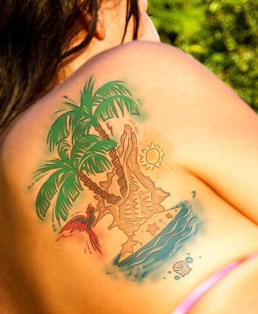 Beach View Palm Tree Tattoos On Girl Back Shoulder