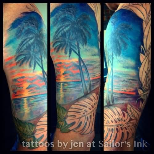 Beautiful Colored Palm Tree Tattoo On Sleeve