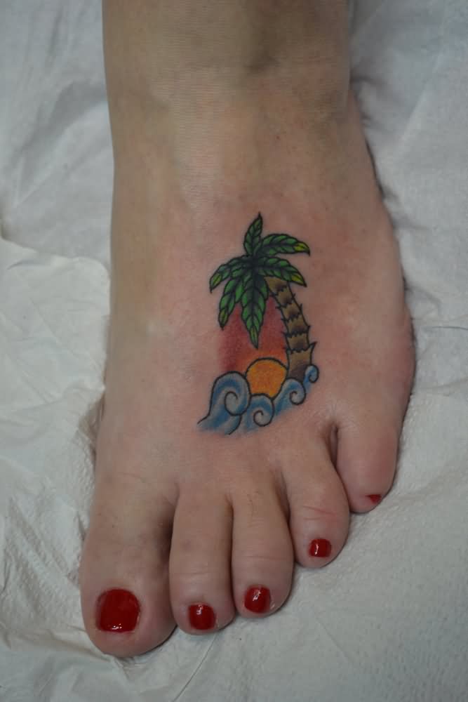 Beautiful Palm Tree Tattoo On Girl Left Foot