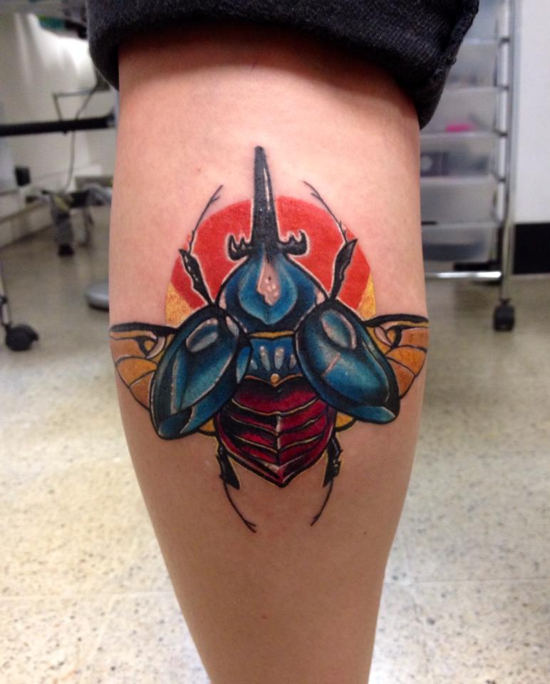Beetle Tattoo On Leg Calf by Daniel Rozo