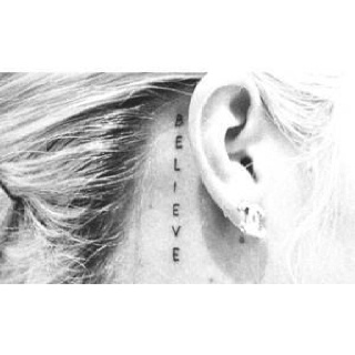 Believe Word Tattoo On Right Behind The Ear