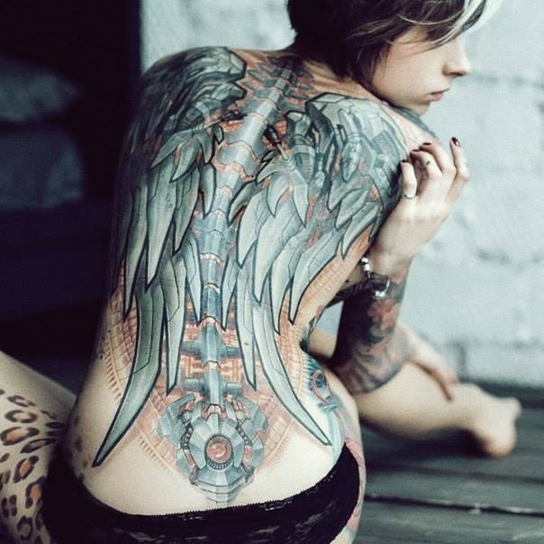 Biomechanical Angel Wings Tattoos On Girl Full Back