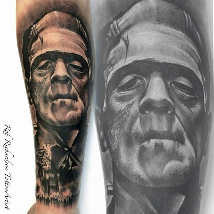 Black And Grey 3D Frankenstein Head Tattoo Design For Forearm