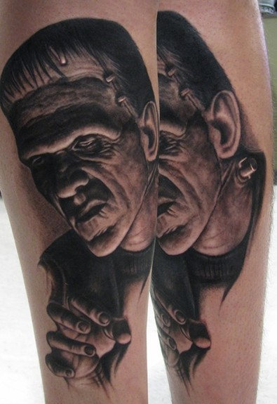 Black And Grey 3D Frankenstein Head Tattoo Design For Sleeve