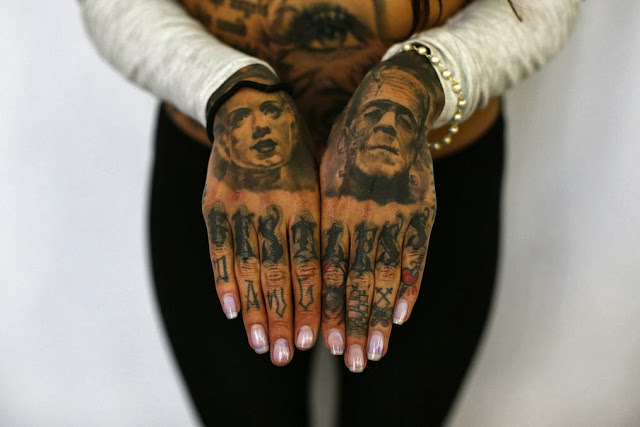 Black And Grey Frankenstein And Bride Head Tattoo On Girl Both Hand