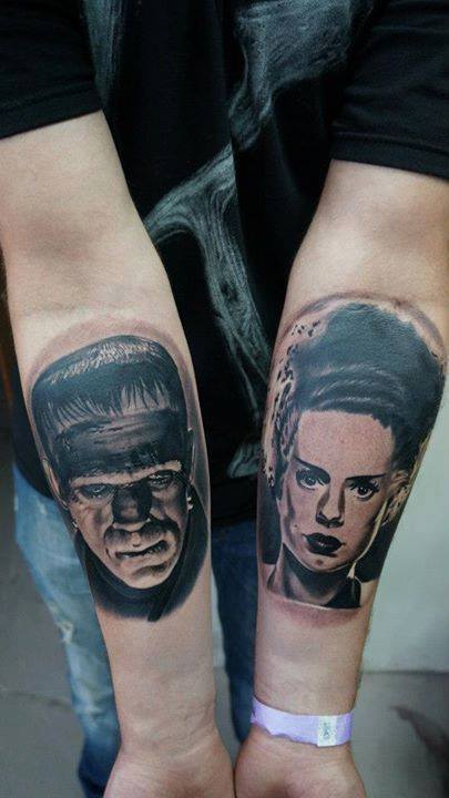 Black And Grey Frankenstein And Bride Tattoo On Both Forearm