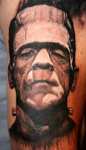 Black And Grey Frankenstein Head Tattoo Design For Half Sleeve