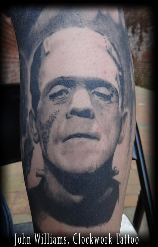 Black And Grey Frankenstein Head Tattoo Design For Sleeve By John Williams