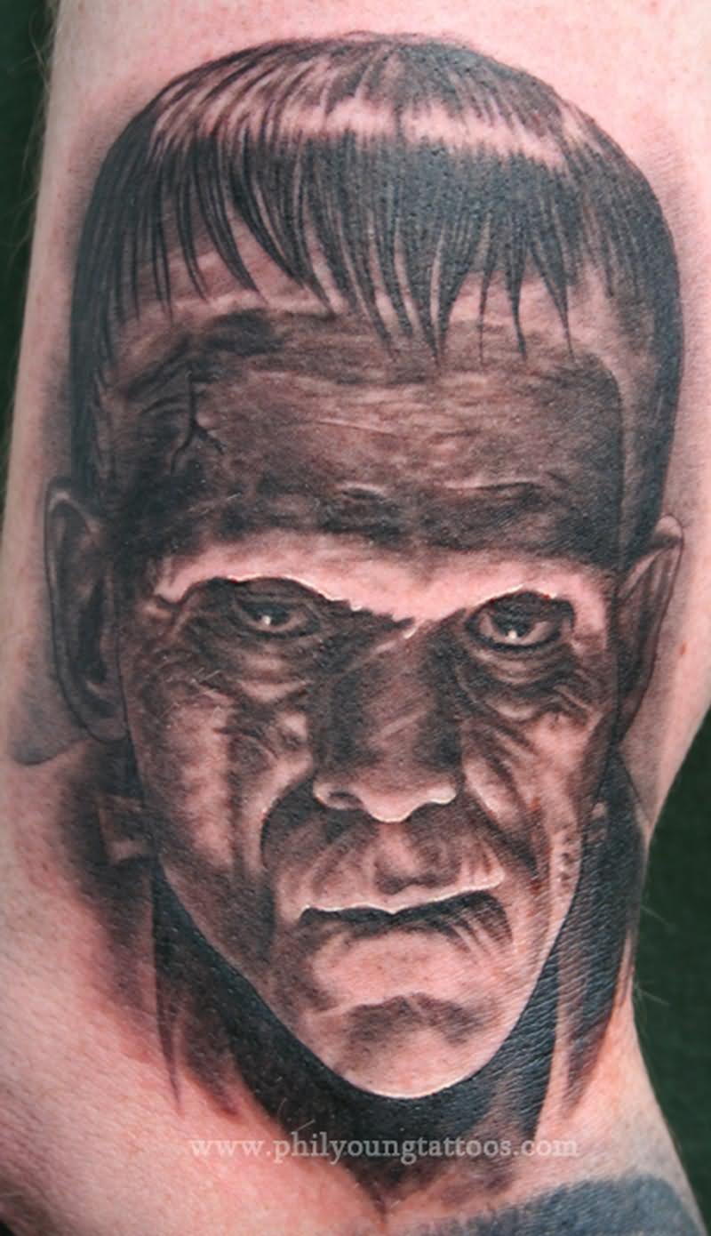 Black And Grey Frankenstein Head Tattoo Design