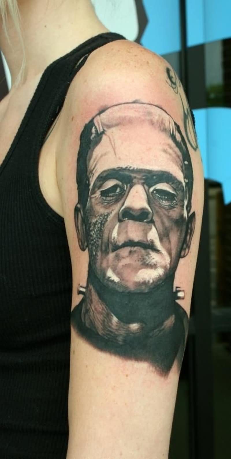 Black And Grey Frankenstein Head Tattoo On Girl Left Half Sleeve By Teresa Sharpe