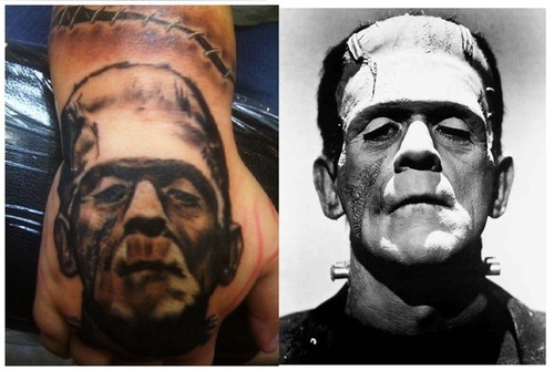 Black And Grey Frankenstein Tattoo On Hand