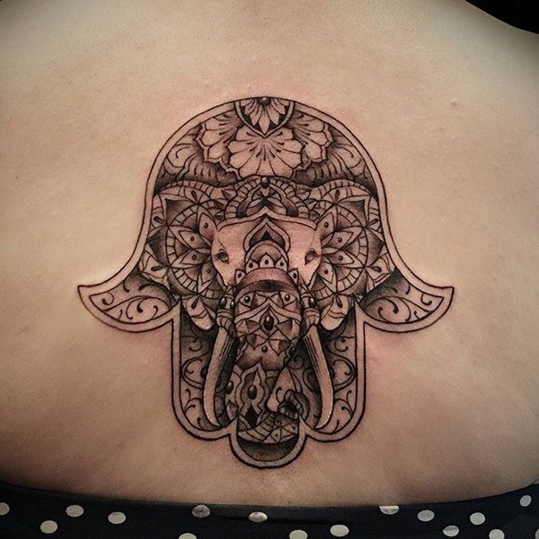 Black And Grey Hamsa Elephant Tattoo Design By Karen