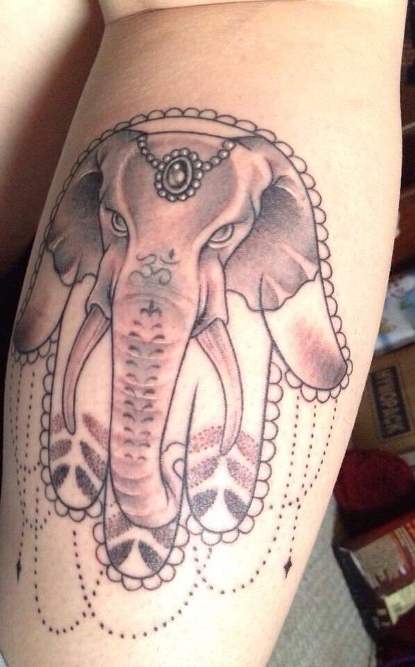 Black And Grey Hamsa Elephant Tattoo Design For Leg Calf