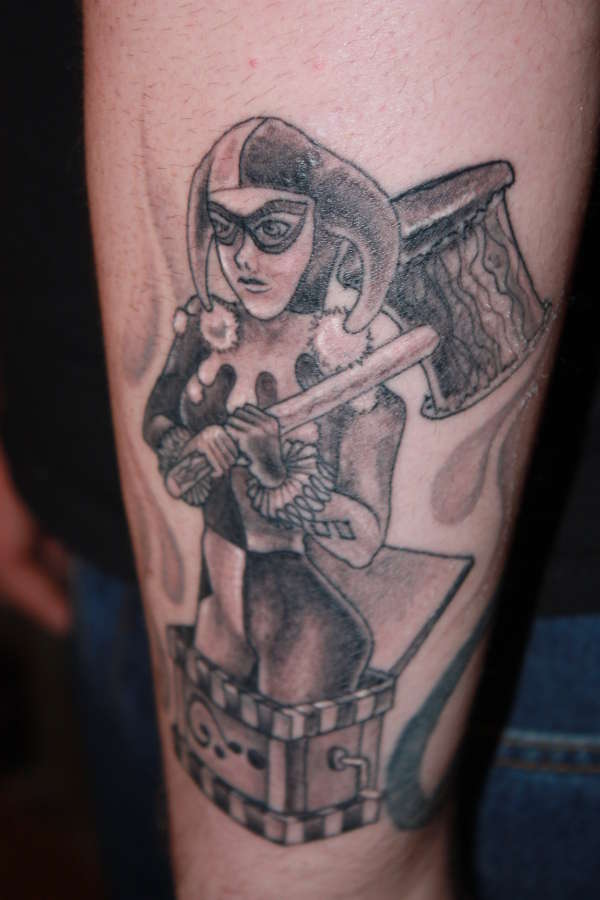 Black And Grey Harley Quinn Tattoo On Left Arm Sleeve