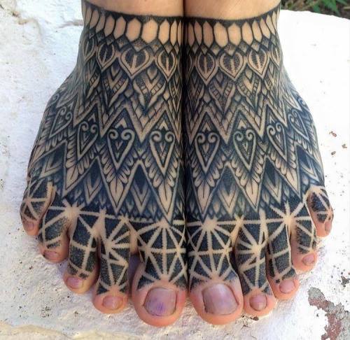 Black And Grey Mandala Tattoos On Feet