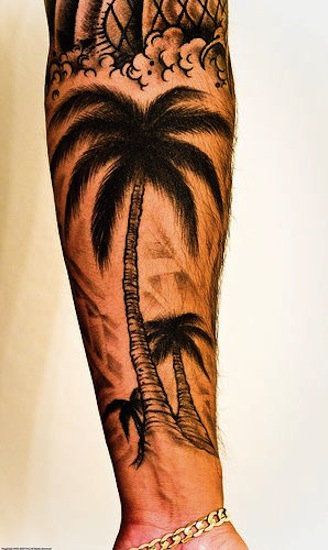 Black And Grey Palm Tree Tattoo On Left Forearm