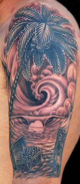 Black And Grey Palm Tree Tattoo On Man Left Half Sleeve