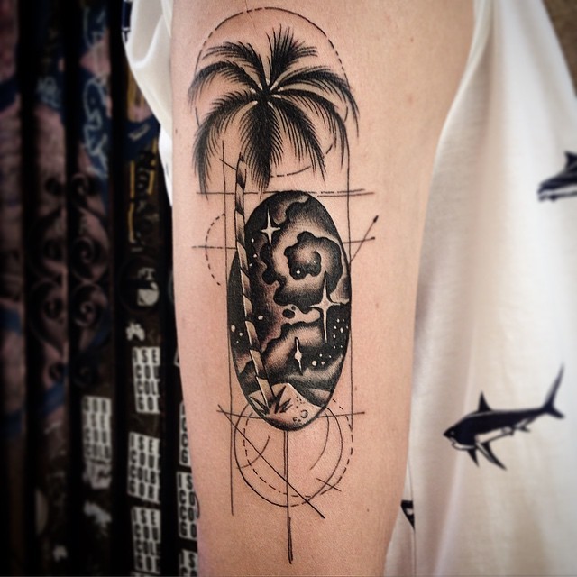 Black And Grey Palm Tree Tattoo On Right Bicep