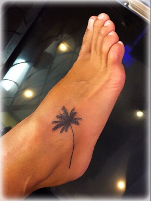 Black And Grey Palm Tree Tattoo On Right Foot