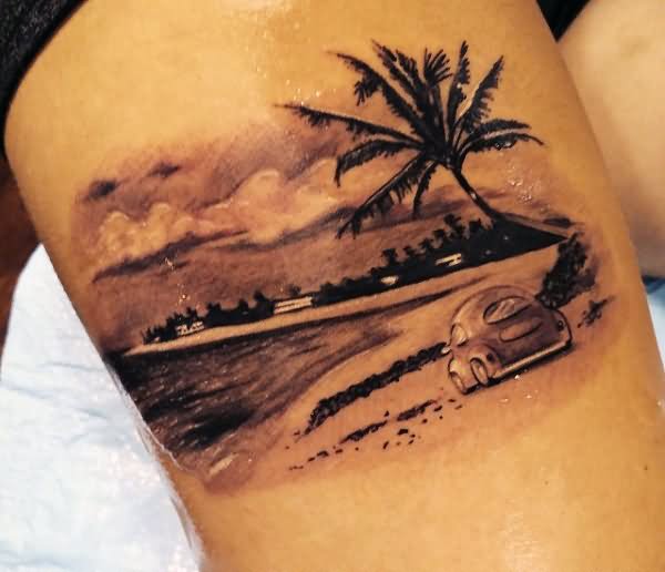 Black And Grey Palm Tree Tattoo On Thigh