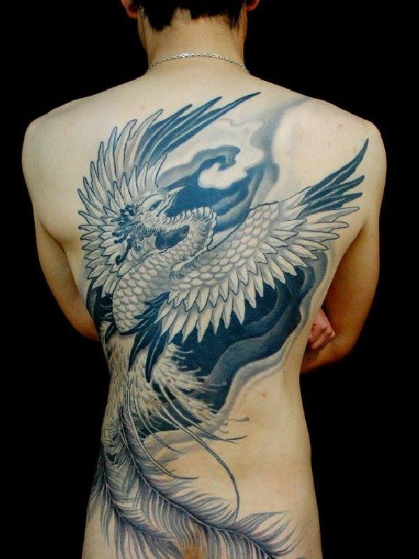 Black And Grey Phoenix Tattoo On Full Back
