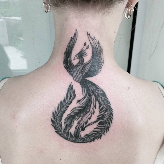 Black And Grey Phoenix Tattoo On Upper Back