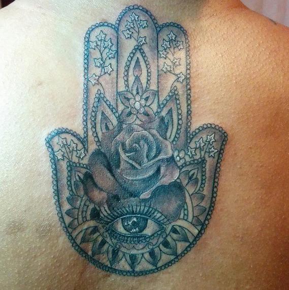 Black And Grey Rose In Hamsa Tattoo Design For Upper Back