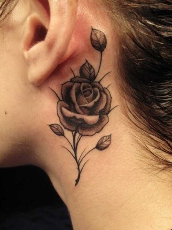 Black And Grey Rose Tattoo On Left Behind The Ear