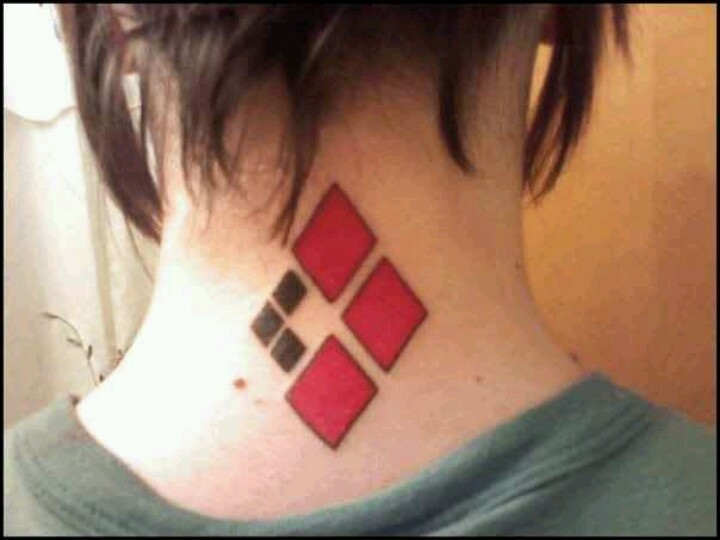 Black And Red Haley Quinn Symbol Tattoo On Nape