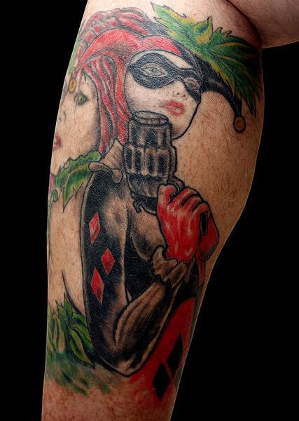 Black And Red Ink Harley Quinn Tattoo On Leg Sleeve