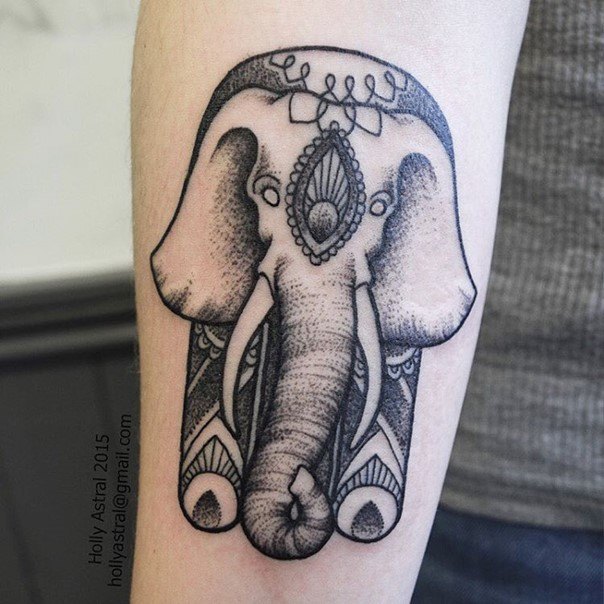 Black Dotwork Hamsa Elephant Tattoo Design For Forearm