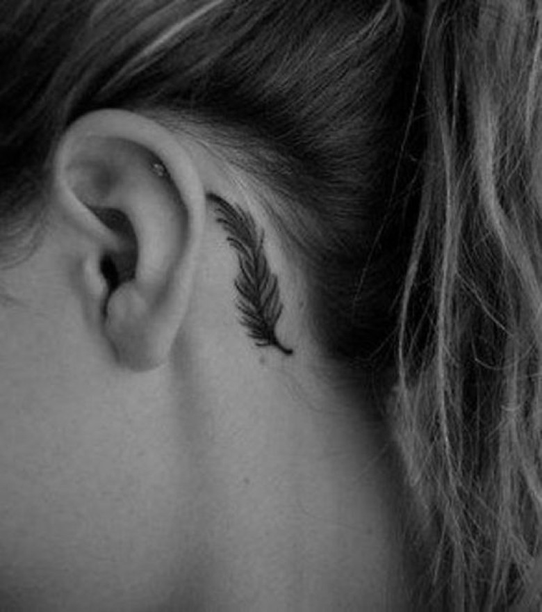 Black Feather Tattoo  On Left Behind The Ear