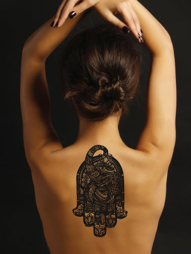 Black Hamsa Elephant Tattoo On Girl Upper Back