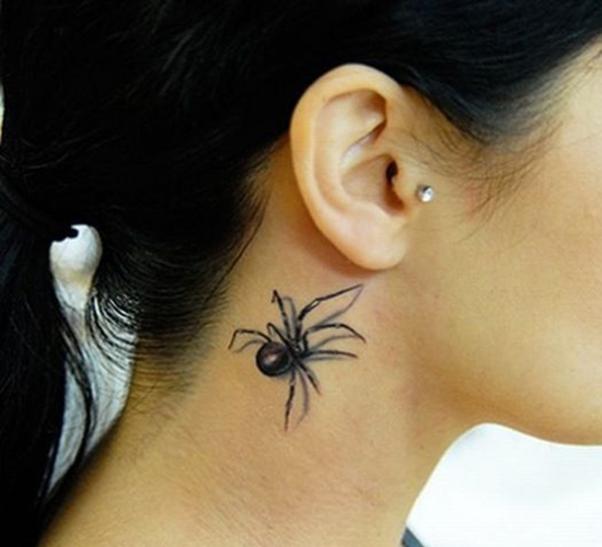 Black Ink 3D Spider Tattoo On Girl Right Behind the Ear