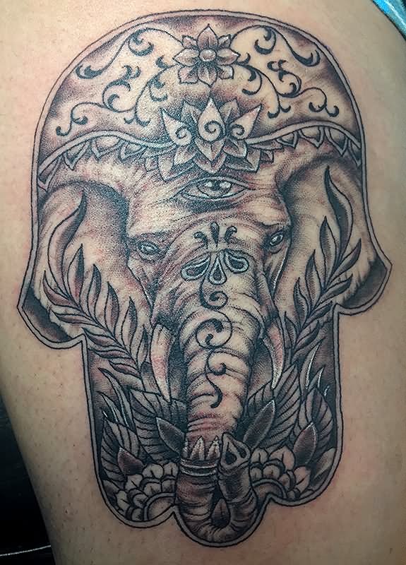 Black Ink Elephant Hamsa Tattoo Design By Albert T. Colon