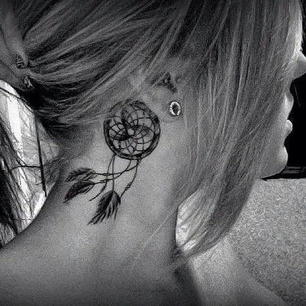 Black Ink Feather Dreamcatcher Tattoo On Girl Right Behind The Ear